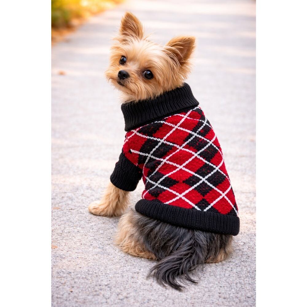 Max’s Closet Argyle Dog Sweater Size 14 Red Black Wool Rayon Knit Sleeves Small